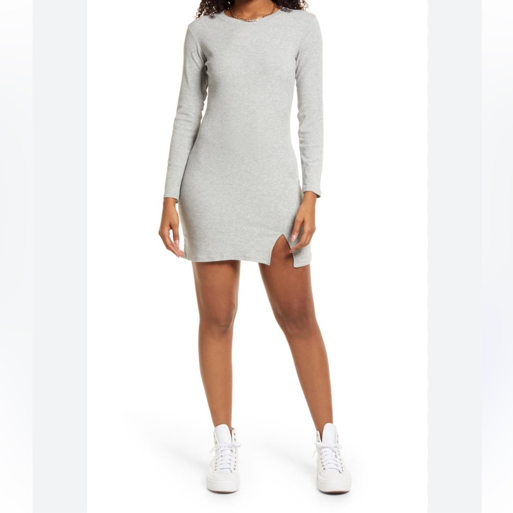 bp Light Gray Long-Sleeve Knit Mini Dress with Side Notch